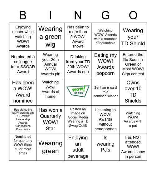 Virtual pre-WOW! Award Show Bingo Card