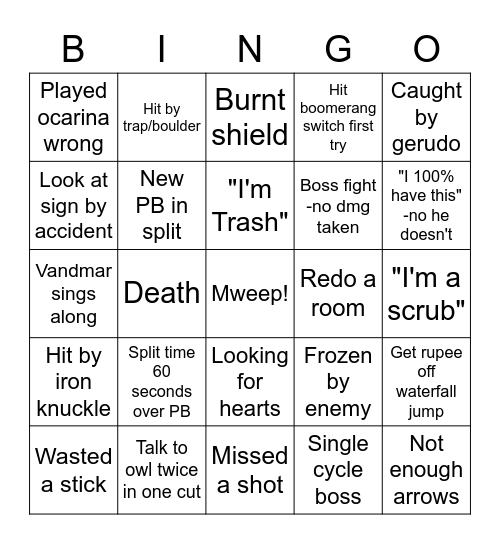 Vandmar OoT Speedrun Bingo Card