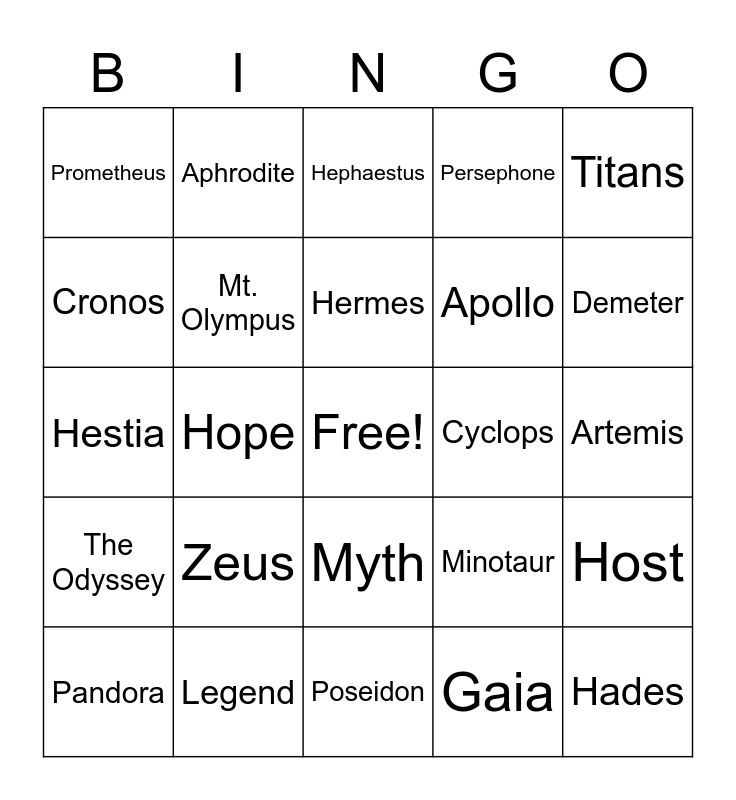 Greek Mythology Quiz Review Bingo Card