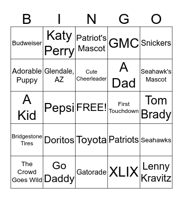 Super Bowl 2015 Bingo Card