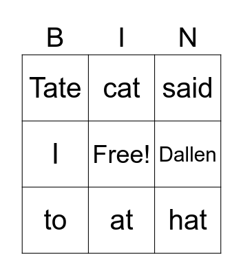 Sight Words Bingo Card