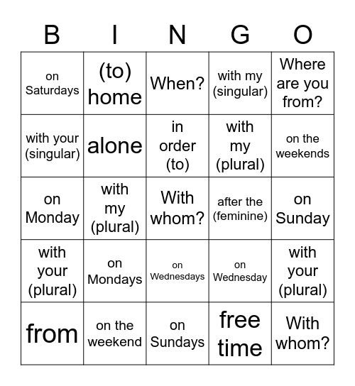 4A más vocabulario Bingo Card