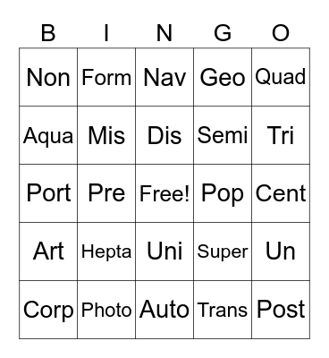 Greek and Latin Bingo Card