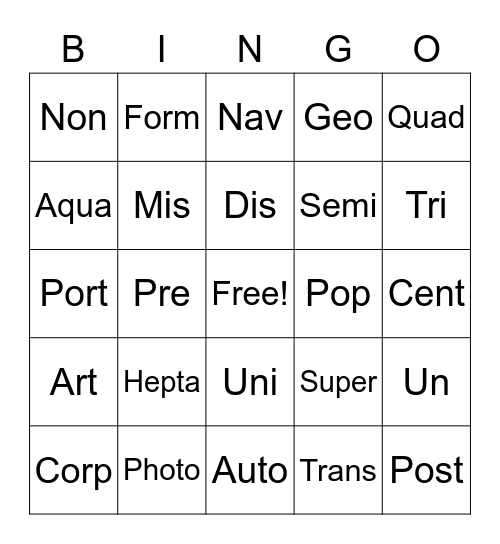 Greek and Latin Bingo Card