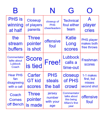 PHS Lady Dog Basketball Bingo Card