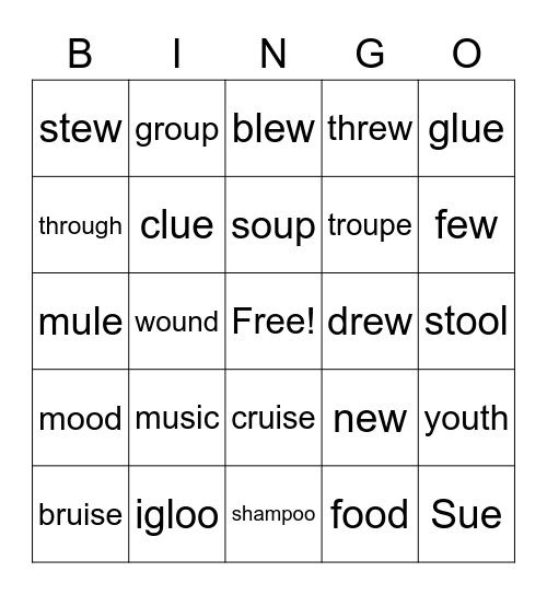 The Yucky Diphthongs Bingo Card