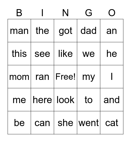 snap word bingo Card