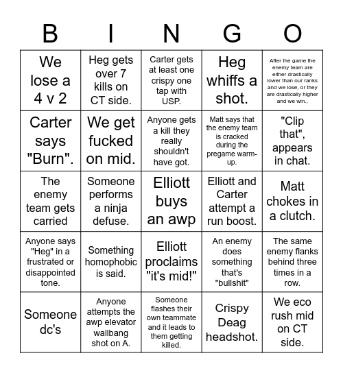 CS Billy Go Short Bingo Card