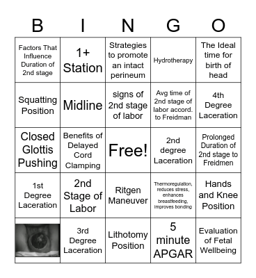 Second Stage of Labor Bingo Card