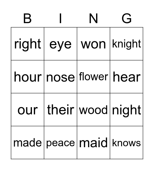 HOMOPHONES BINGO!! Bingo Card