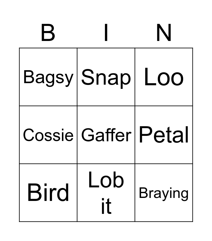 Yorkshire Slang Bingo Card