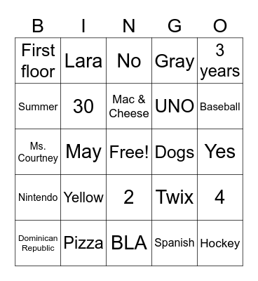 All About Ms Eileen Bingo Card