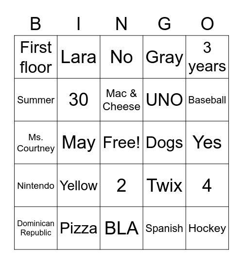 All About Ms Eileen Bingo Card