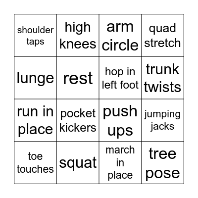 Fitness Bingo Card