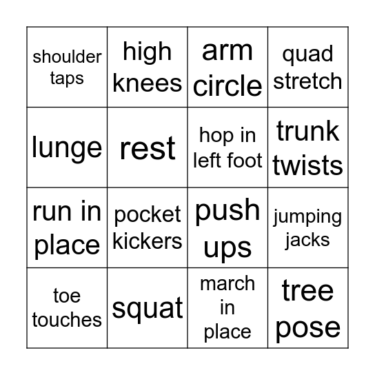 Fitness Bingo Card