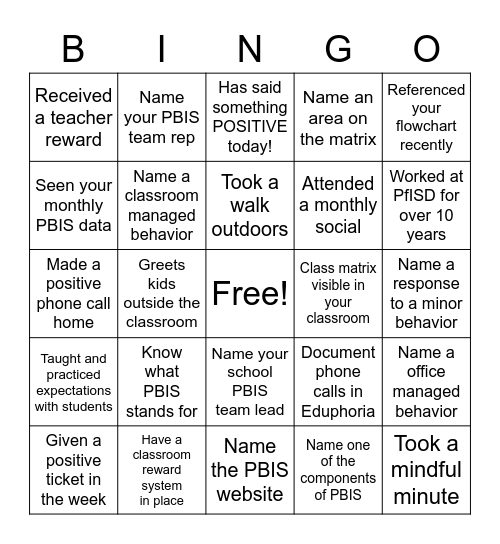 Staff PBIS Bingo Card