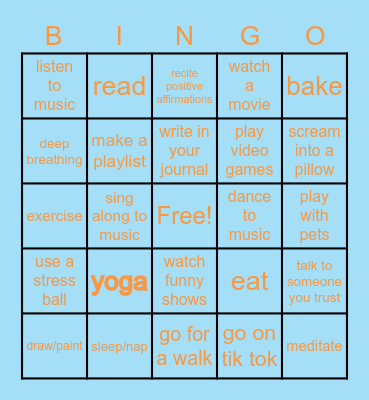 Destress Day Bingo Card