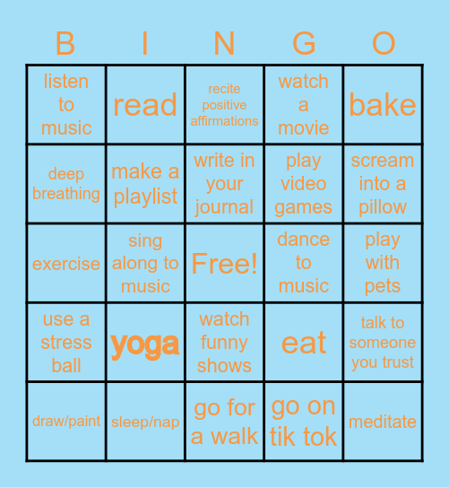 Destress Day Bingo Card