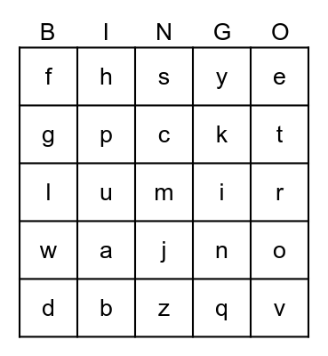 Lowercase Alphabet Bingo Card
