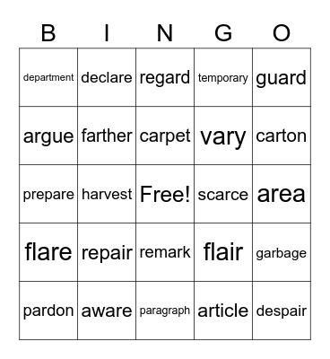 Spelling Words Lesson 11 Bingo Card