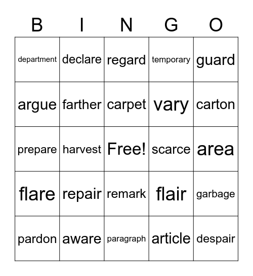Spelling Words Lesson 11 Bingo Card