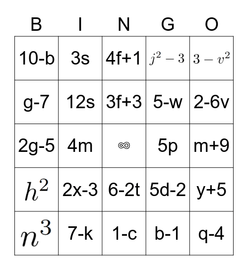 Algebraic Expression Bingo Card