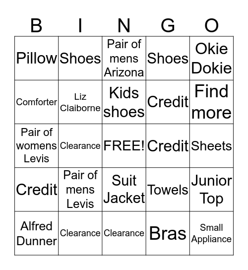 BINGO CREDIT FOR SATURDAY!!! Bingo Card