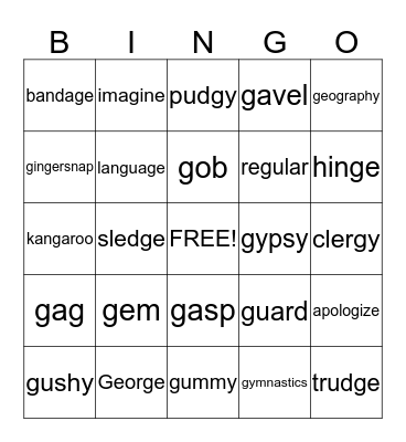 Soft and Hard G Bingo Card