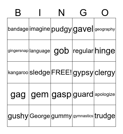 Soft and Hard G Bingo Card