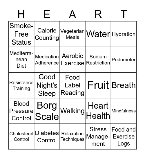 Cardiac Rehab Week Bingo Card