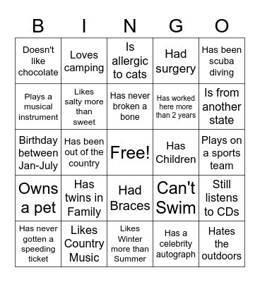 Get to Know you Bingo Card