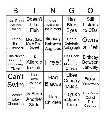 Get to know you Bingo Card