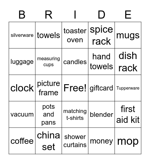 Tea with the Bride Bingo Card