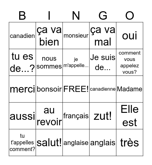 Ch1 - vocabulaire Bingo Card