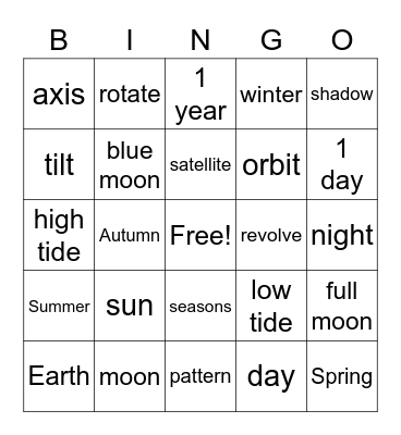 Earth , Sun and Moon Bingo Card