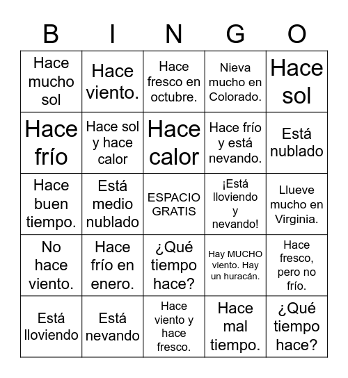 Fancy Spanish Weather Bingo Card