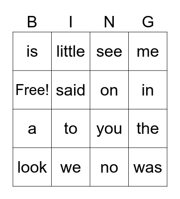Bingo Sight Words Bingo Card