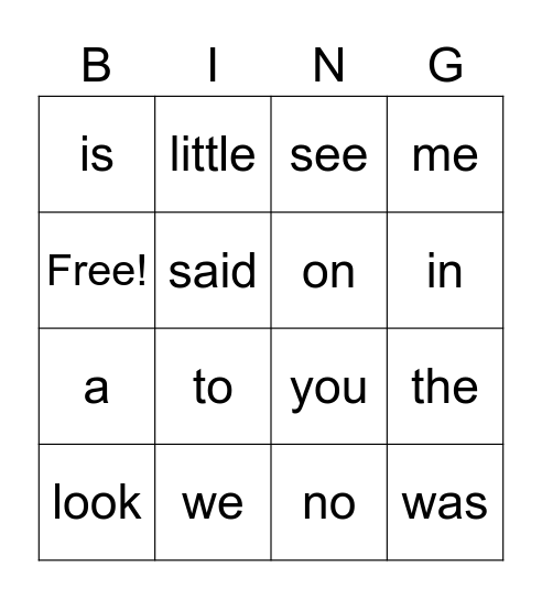 Bingo Sight Words Bingo Card