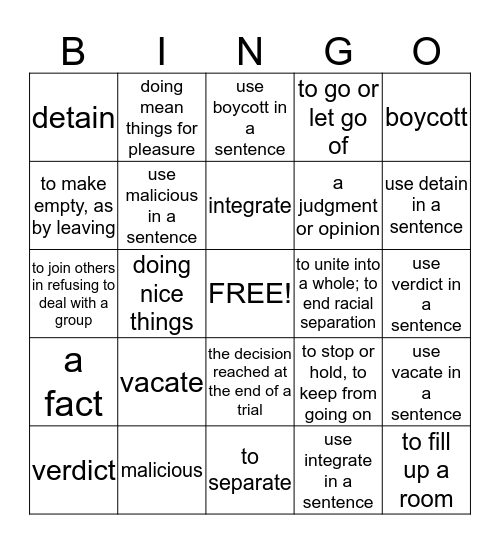 Word of the Week Bingo Card