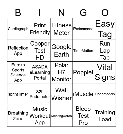 VCE PE Tech Bingo Card