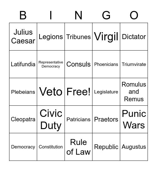 Ancient Rome Vocabulary Bingo Card