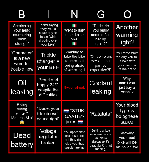 Owning an Italian motorcycle Bingo Card