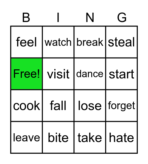 Irregular and regular verbs Bingo Card