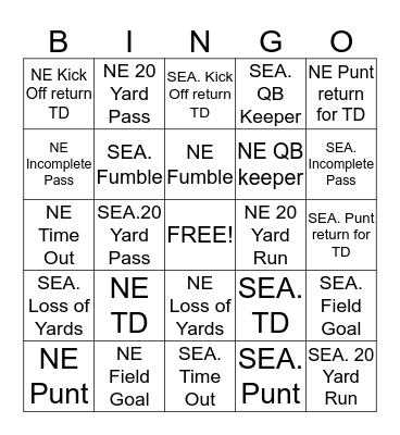 Super Bowl Bingo Card