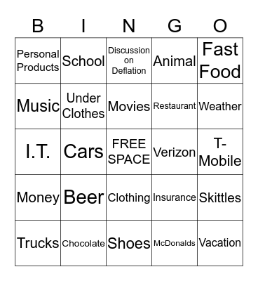 Super Bowl Commercial Bingo Card