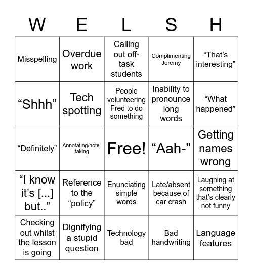 Welsh Bingi Bingo Card