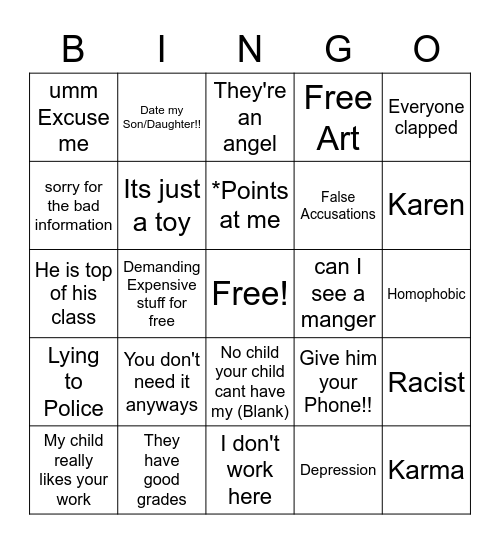 Entitled Parents Bingo Card