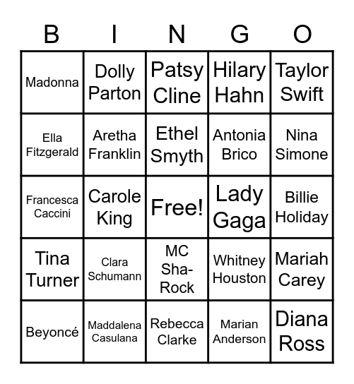 Women in Music BINGO! Bingo Card