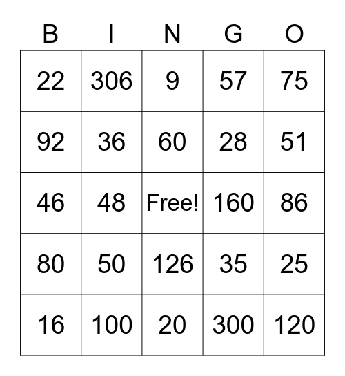 Number Sequence Bingo Card