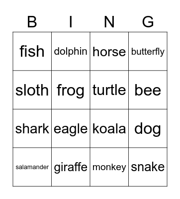Animals Bingo Card